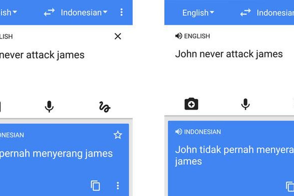 Contoh hasil terjemahan yang keliru pada Google Translate di smartphone Android