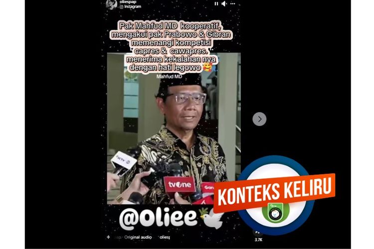 Tangkapan layar akun Instagram yang menyebut Mahfud MD mengakui kemenangan Prabowo-Gibran di Pilpres 2024