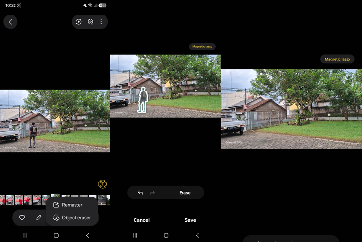 Fitur Object Eraser di Galaxy A57 memungkinkan pengguna menghapus objek yang tidak diinginkan dalam foto, seperti orang di latar belakang, sehingga hasil gambar terlihat lebih bersih.