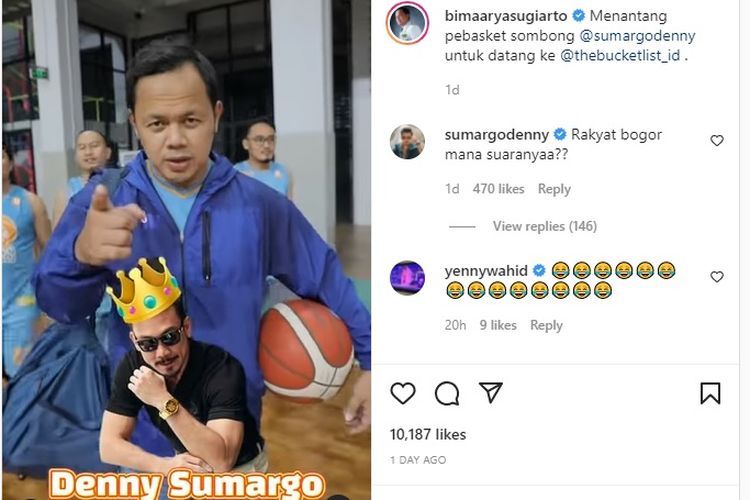 Wali Kota Bogor Bima Arya Sugiarto menantang Denny Sumargo yang dia sebut sebagai pebasket sombong untuk duel bermain basket bersamanya.