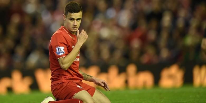 Pemain Liverpool, Philippe Coutinho, saat tampil pada laga Premier League kontra Everton di Stadion Anfield, pada 20 April 2016.