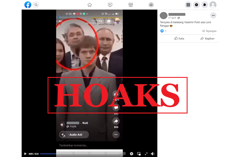 Tangkapan layar unggahan dengan narasi hoaks di sebuah akun Facebook, Rabu (27/4/2022), soal video Rangga Sasana yang berada di belakang Putin saat berfoto.