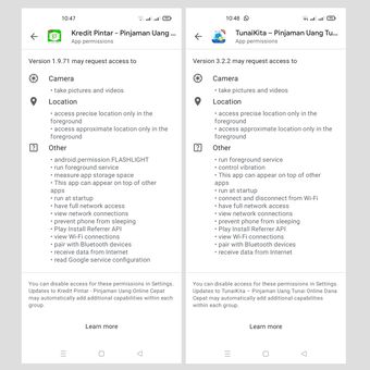 Izin aplikasi pinjol legal bernama Kredit Pintar dan TunaiKita di Google Play Store. Tidak ada permintaan izin akses ke daftar kontak.