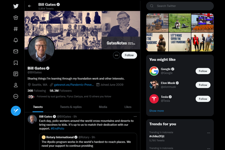 Tangkapan layar akun Twitter Bill Gates pada Rabu (27/4/2022) tampak masih aktif.