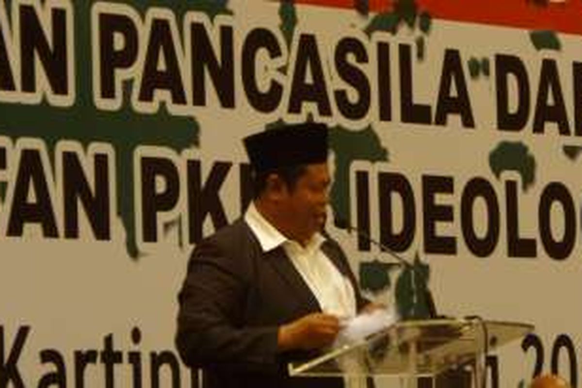 Ketua Pengurus Besar Nahdlatul Ulama Marsudi Syuhud dalam acara Simposium Nasional 'Mengamankan Pancasila dari Ancaman Kebangkitan PKI dan Ideologi Lain' di Balai Kartini, Jakarta, Kamis (2/6/2015).