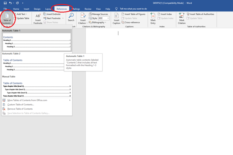 create manual table of contents word 2007