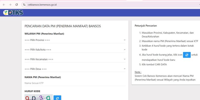 Tangkapan layar laman cek bansos Kemensos. Cara cek bansos Kemensos 2025. Apa saja bansos yang cair pada Februari 2025?