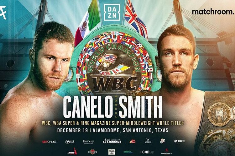 Duel Canelo Alvarez vs Callum Smith akan bergulir di Alamadome, Texas, Amerika Serikat, pada Minggu (20/12/2020) pagi hari WIB.