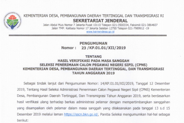 Pengumuman Hasil Masa Sanggah CPNS 2019 Kementerian Desa PDTT