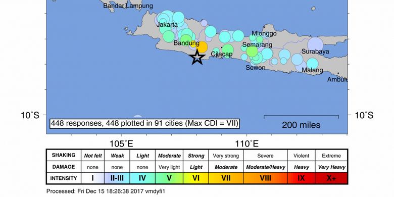 Peta gempa Tasikmalaya dan pengaruhnya di wilayah sekitar, Jumat (15/12/017) tengah malam.