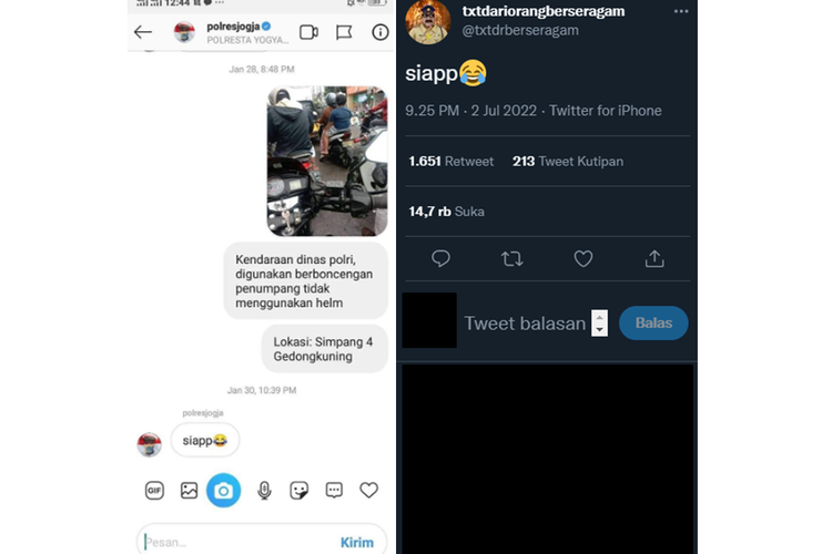 Tangkapan layar twit soal foto pengendara berboncengan dengan menggunakan motor matic berpelat nomor dinas Polri.