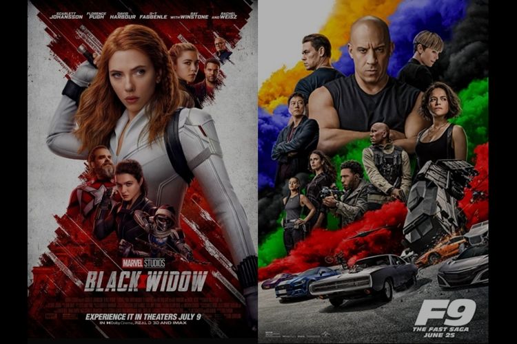 Poster film Black Widow dan Fast and Furious 9.