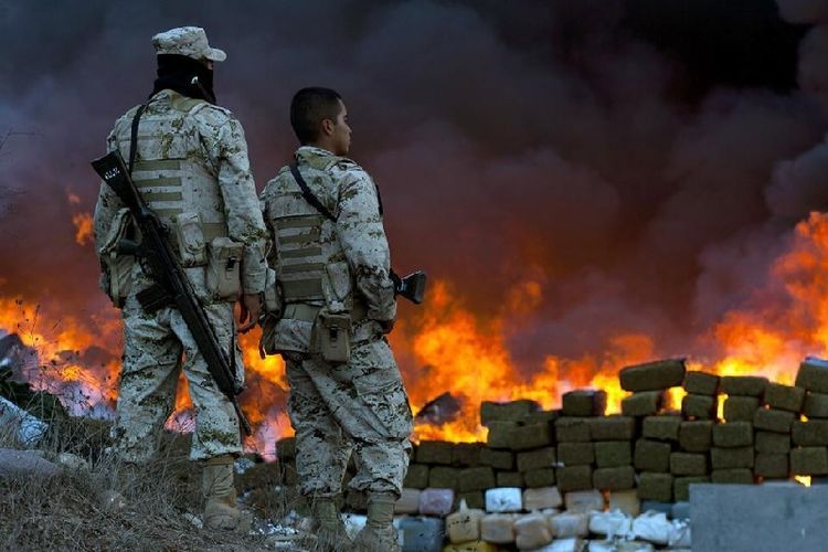 Dalam foto yang diambil pada 20 Oktober 2010 ini, dua orang personel militer Meksiko menyaksikan 134 ton ganja dibakar di Tijuana.
