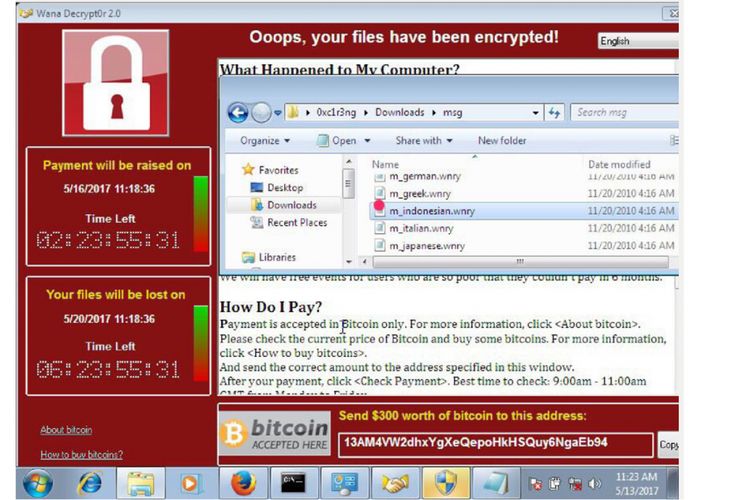 Tampilan nota (ransom note) di layar komputer yang terinfeksi ransomware WannaCry. Data di komputer dikunci dengan enkripsi dan ransomware meminta tebusan senilai 300 dollar AS (Rp 4 juta) dalam bentuk Bitcoin. Alamat dompet digital untuk pengiriman Bitcoin ditampilkan dalam nota.