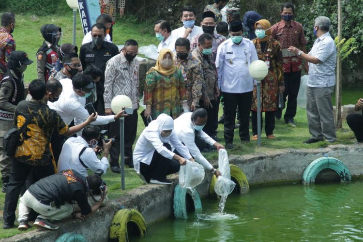 Gubernur Jawa Timur Khofifah Indar Parawansa, dalam momen penebaran bibit ikan di wisata Setigi, Gresik.