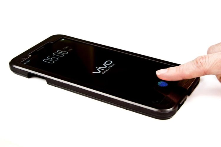 Ilustrasi smartphone Vivo dengan pemindai sidik jari di layar.