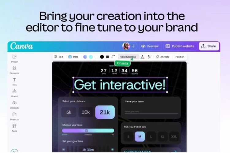 Canva Code + Sheets memungkinkan pengguna menghubungkan Canva Sheets ke Canva Code. Ini menciptakan elemen desain yang interaktif dan otomatis diperbarui.