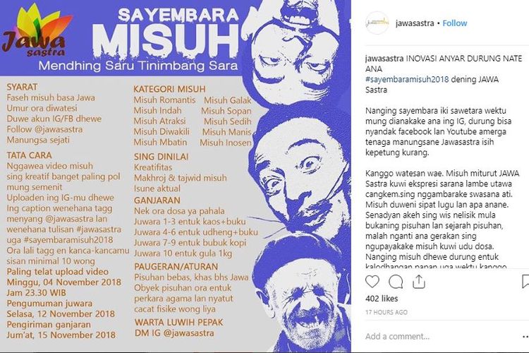 Ketentuan lengkap Sayembara Misuh yang diadakan oleh @jawasastra di Instagram.