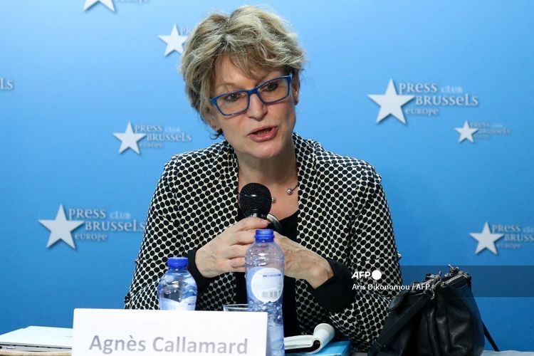 Ahli Khusus PBB, Agnes Callamard, pada 3 Desember 2019 di Brussel, memaparkan mengenai penyelidikan PBB atas kematian di luar hukum Jamal Khashoggi.
