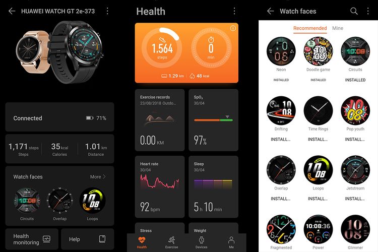 Watch GT 2e tersambung ke ponsel lewat aplikasi Huawei Health. Di sini ada rekaman pemantauan aktivitas dan kesehatan. Pengguna juga bisa mengunduh aneka watch face baru yang tersedia.
