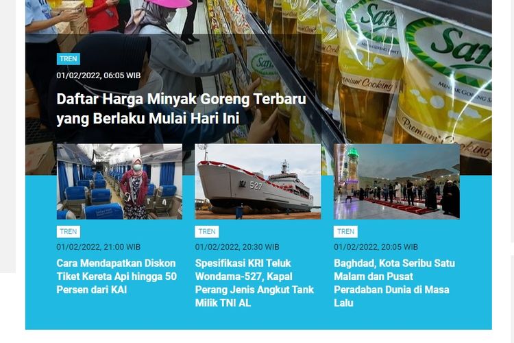 Tangkapan layar berita populer di laman Tren sepanjang Selasa (1/2/2022) hingga Rabu (2/2/2022) pagi.