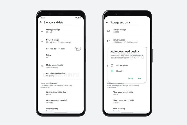 WhatsApp bakal memberi pengguna kemampuan untuk memilih kualitas media (foto dan video) yang akan diunduh otomatis, yakni standard quality atau HD quality. 
