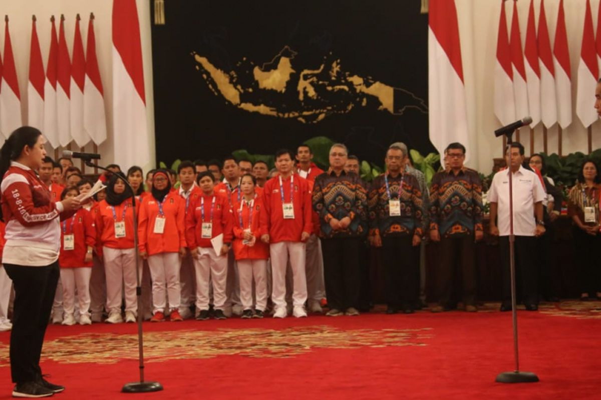 Menko PMK Puan Maharani saat pertemuan Presiden Jokowi dengan atlet peraih medali Asian Games 2018 di Istana Negara, Minggu (02/9/2018) pagi.