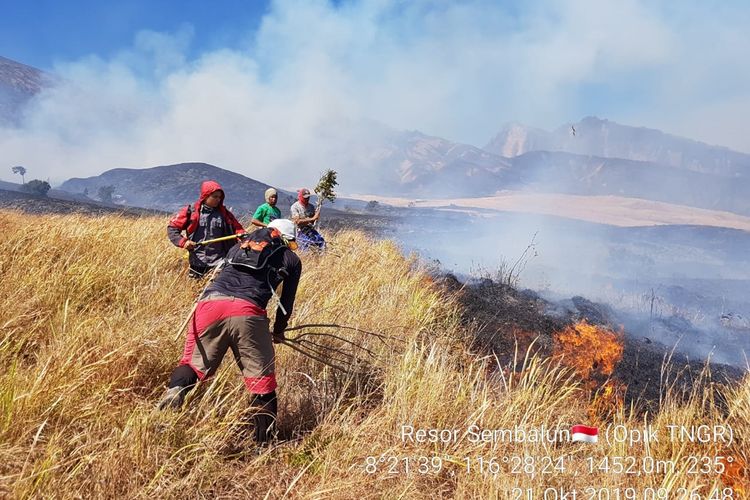 Petugas gabungan berjibaku memadamkan api di kawasan Rinjani, Senin (21/10/2019).