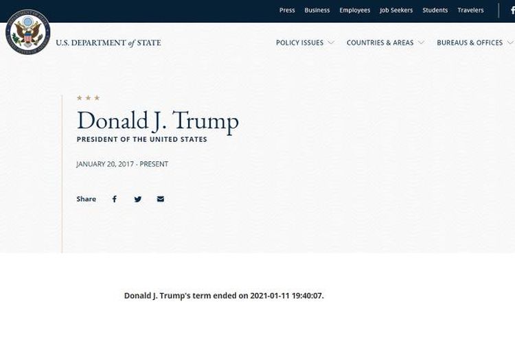 Tangkapan layar dari pengumuman di situs web Kementerian Luar Negeri AS, tentang selesainya masa jabatan Presiden Amerika Serikat Donald Trump pada Senin 11 Januari 2021 pukul 19.40 waktu setempat. Tak lama kemudian keterangan ini dihapus, dan diduga akibat peretasan atau kesalahan teknis.