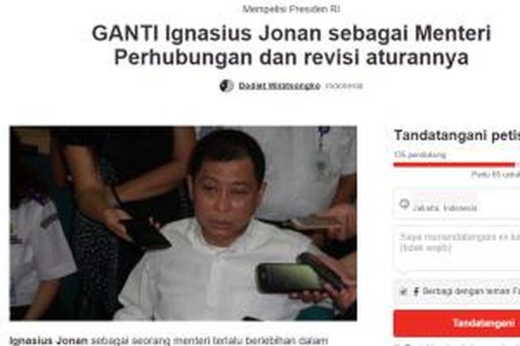 Petisi Menhub Jonan di situs Change.org.