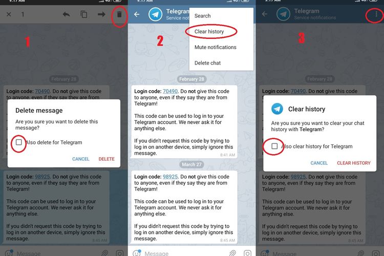 Ilustrasi langkah-langkah hapus pesan Telegram