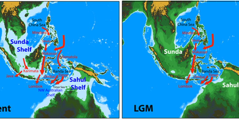 Perbandingan wilayah Indonesia sekarang (present) dan pada periode Last Glacial Maximum (LGM).