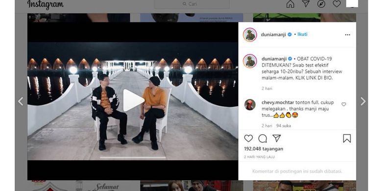 Tangkapan layar Instagram Anji soal obat herbal antibodi Covid-19