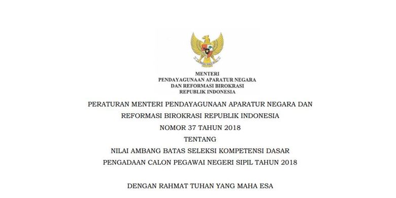 Peraturan Menteri Pendayagunaan Aparatur Negara dan Reformasi Birokrasi tentang nilai ambang batas pengadaan CPNS 2018.