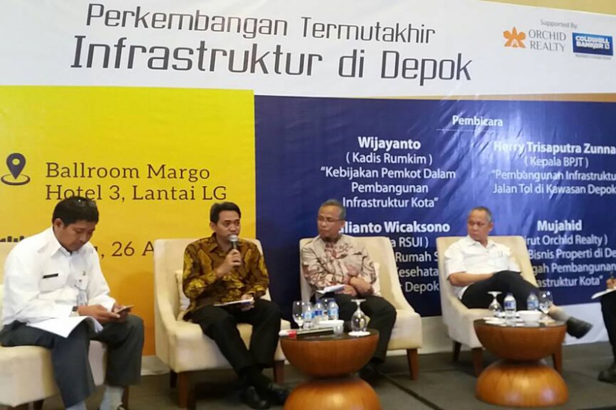 Masyarakat Pemerhati Properti (MPP), (Rabu/26 April 2017), menggelar diskusi bertajuk “Infrastruktur Depok Topang Kenyamanan Kota”. Diskusi menghadirkan Kepala Badan Pengatur Jalan Tol (BPJT), Herry Trisaputra Zuna, Kepala Rumah Sakit Univesitas Indonesia, Julianto Wicaksono, Kepala Dinas Perumahan dan Permukiman Pemkot Depok, Wijayanto, serta Direktur Utama Orchid Realty, Mujahid.