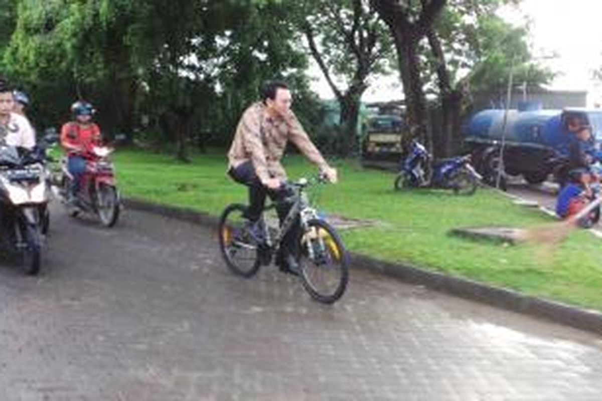 Wakil Gubernur DKI Jakarta Basuki Tjahaja Purnama saat menggowes sepedanya menuju halte BKTB Waduk Pluit, Jakarta Utara, Jumat (7/2/2014).