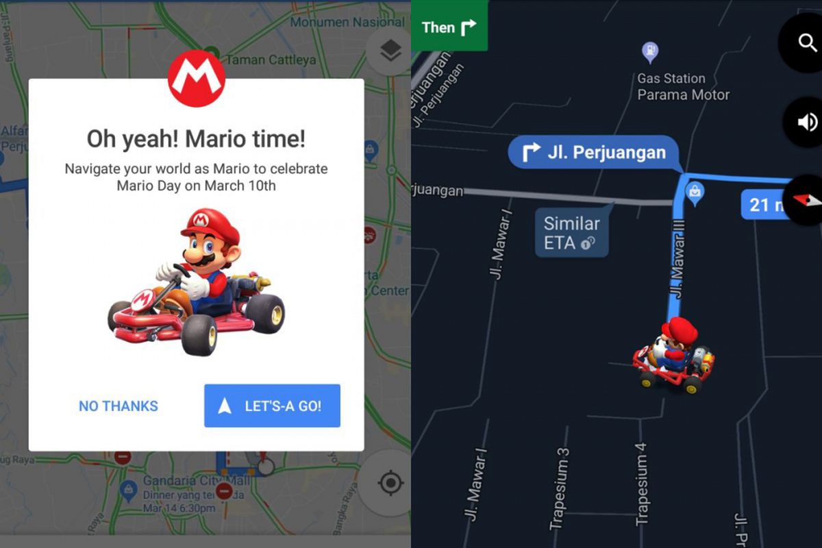 Fitur Mario Kart sebagai penunjuk arah di Google Maps.