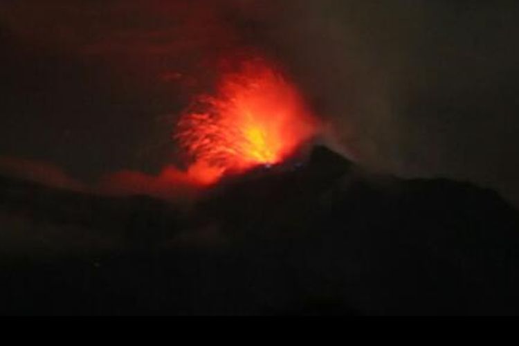 A burst of lava on Mount Ile Lewotolok, East Nusa Tenggara Province