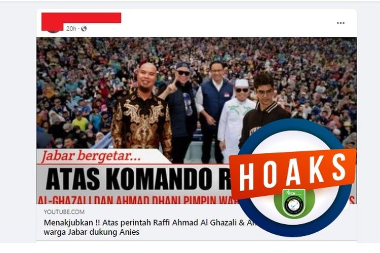 Tangkapan layar Facebook narasi yang menyebut Ahmad Dhani dan Al Ghazali memimpin warga Jawa Barat untuk mendukung Anies Baswedan