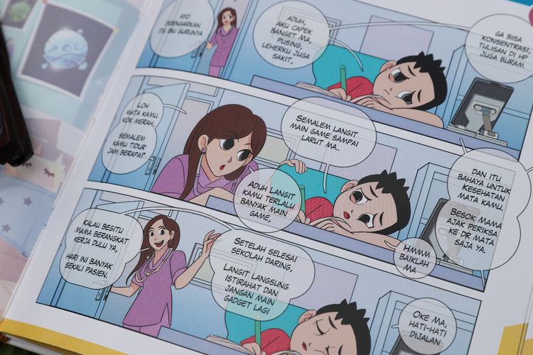 3 dokter UB buat komik jaga kesehatan mata. Ilustrasi fungsi teks dalam gambar komik.