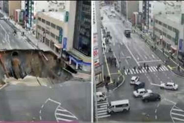 Kondisi sebelum dan sesudah jalan yang runtuh dan menimbulkan lubang besar di Fukuoka, Jepang.