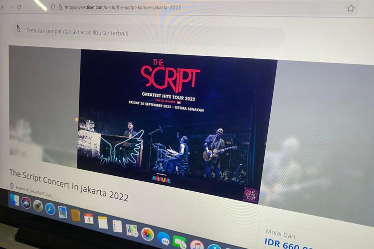 Tampilan halaman website Tiket.com untuk membeli tiket konser The Script di Jakarta