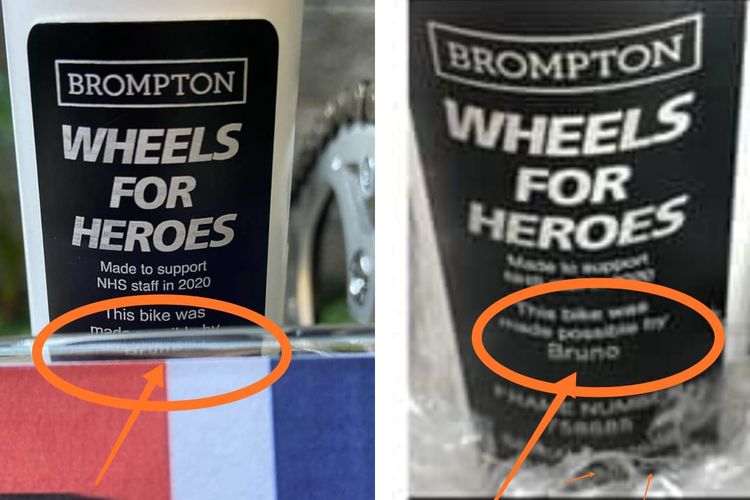 (Kiri) Foto tag sepeda Brompton Wheels for Heroes yang secara samar etrcantum nama Bruno, sama dengan pernyataan resmi Brompton mengenai identifikasi sepeda Brompton yang dicuri (kanan). 