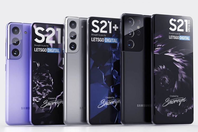 Deretan gambar render yang menampilkan sosok Galaxy S21, S21 Plus, dan S21 Ultra.