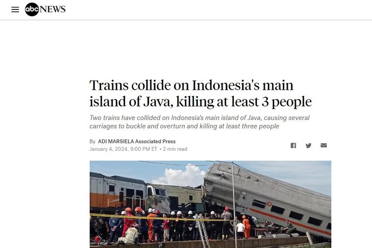 Tangkapan layar soal media asing soroti kecelakaan dua kereta api, KA Turangga dan KA Lokal Bandung Raya, Jumat (5/1/2024).
