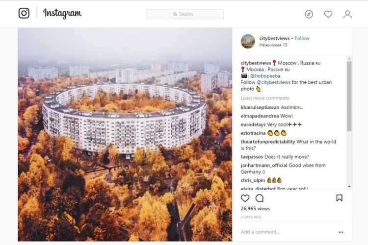 Gambar apartemen yang diunggah akun Instagram @citybestviews ini terlihat dapat berputar. Namun rupanya gambar tersebut hanya animasi dari sebuah bangunan lama yang telah dibangun sejak 1972.