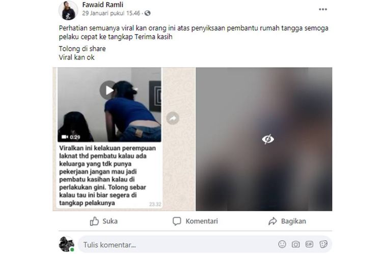 Tangkapan layar unggahan dengan narasi yang diklaim sebagai aksi penganiayaan terhadap seorang asisten rumah tangga perempuan. 