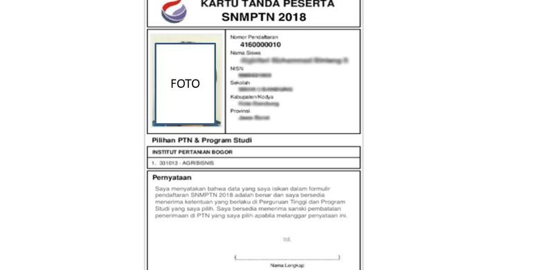 Contoh kartu pendaftaran SNMPTN 2018