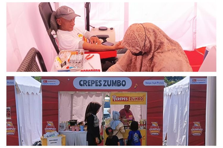 Kegiatan donor darah (atas) dan aktvitas transaksi di Crepes Zumbo, pelaku UMKM yang ikut memeriahkan Daihatsu Kumpul Sahabat Cirebon. 