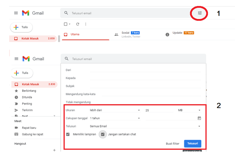 Cara mengatasi Gmail penuh, klik ikon nomor 1, kemudian atur jenis file yang ingin dihapus dengan mengisi kolom yang ada di cara nomor 2.